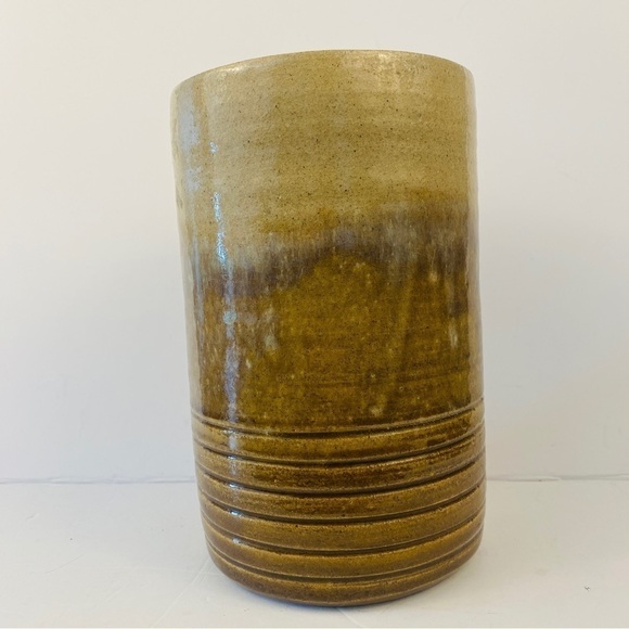 POTTERY vase yellow cream ochre large tall ribbed drip glazed - Picture 5 of 12